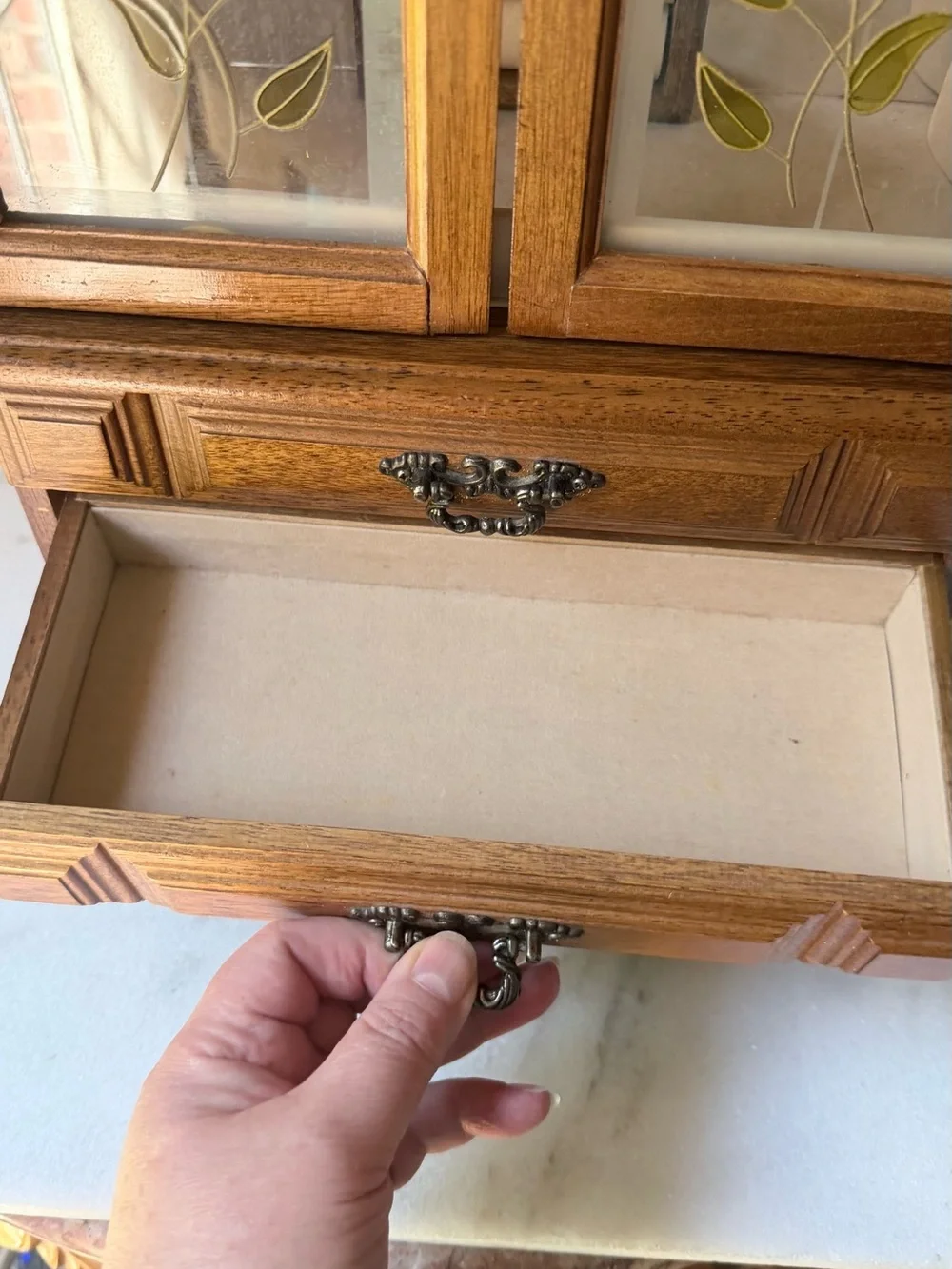 Vintage Wooden Jewelry Armoire with Floral Glass Doors